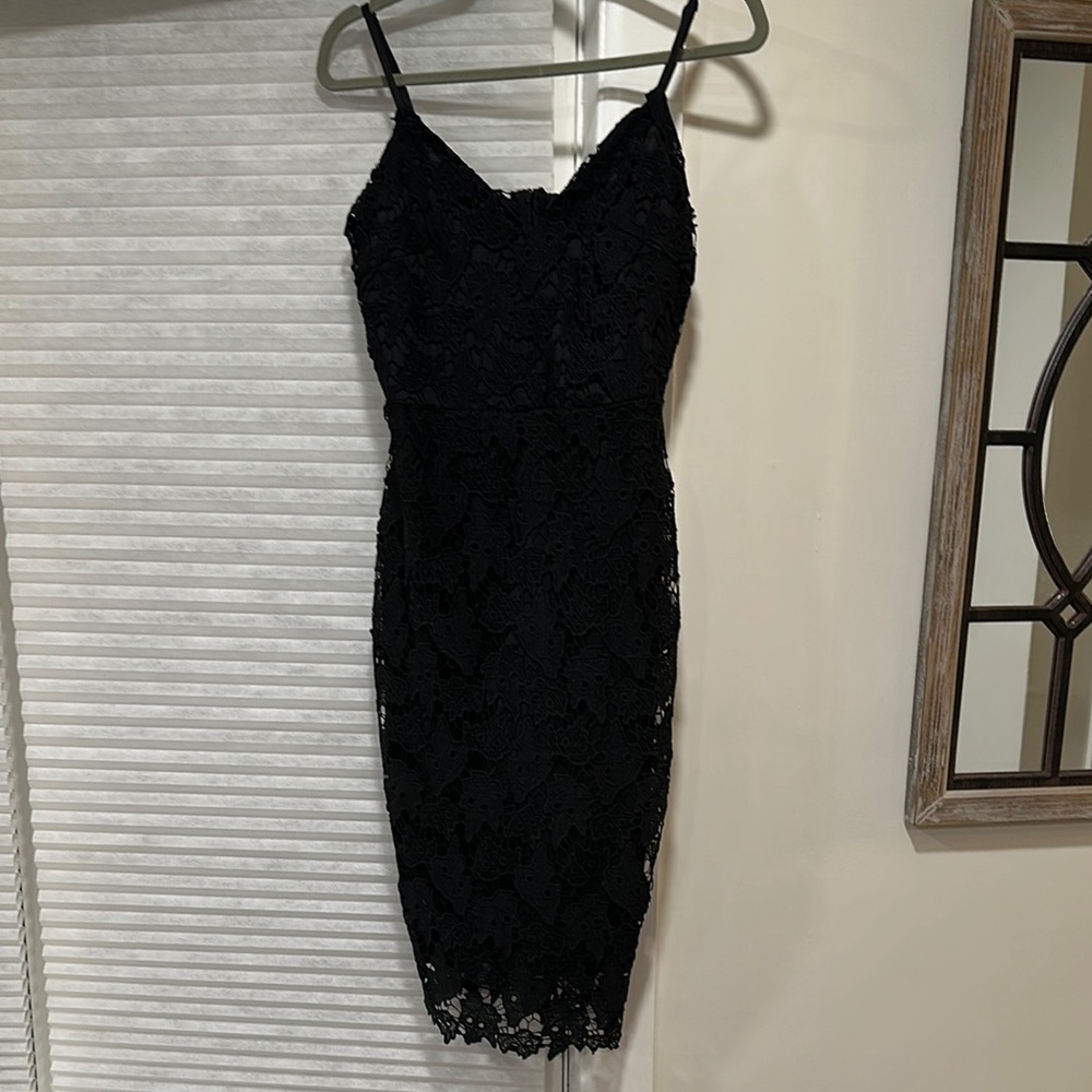 Black Lace Midi Dress Spaghetti Strap Sheath